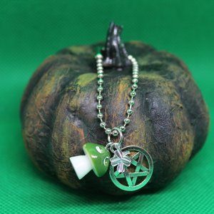 Green Mushroom Clover Pentacle Keychain Charm Zipper Pull Crystal Witch